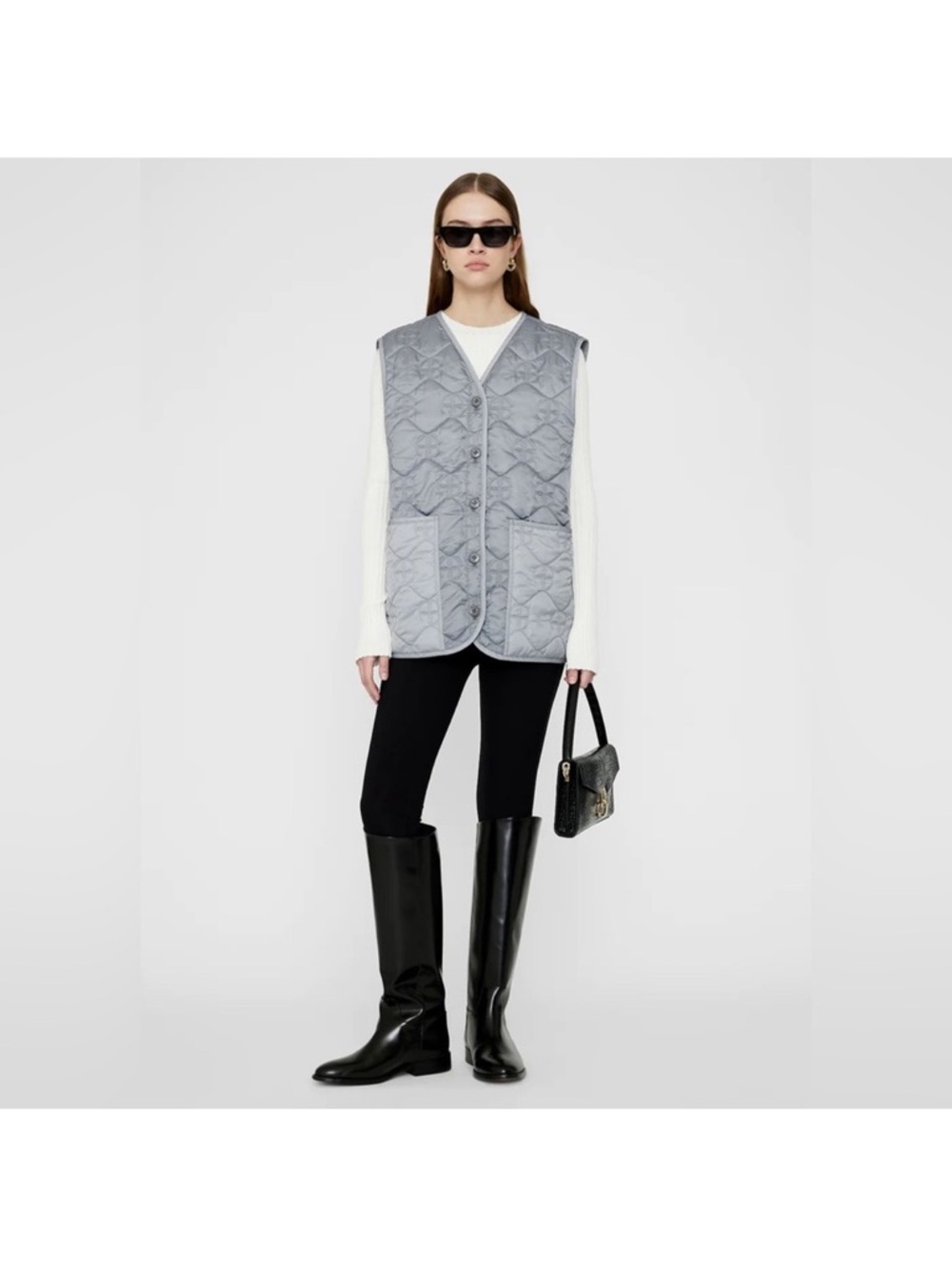 Anine Bing Andy Vest Gray Quilted Monogram NWT